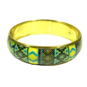 Blue Green Bangle Bracelet Mosaic Brass Artsy Art Yellow Gypsy Boho Hippie